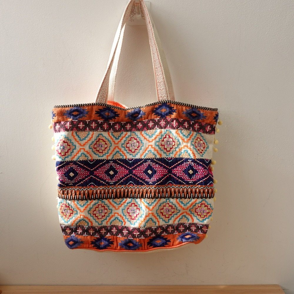Boho Beaded Tote Bag CHLOE LEX Orange Blue Pom Pom Canvas Embroidered
